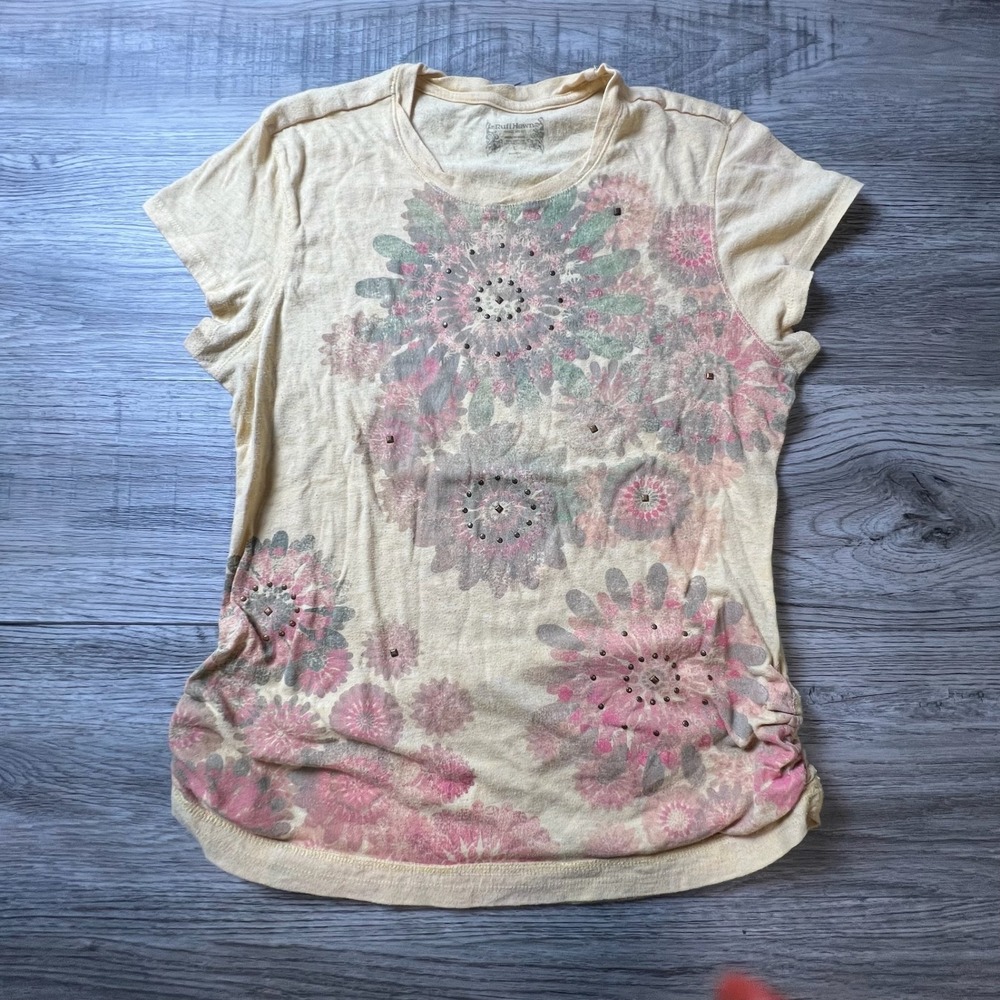 Rough Hewn Graphic T-Shirt Womens Large Yellow Floral‎ Studded Ruched I99